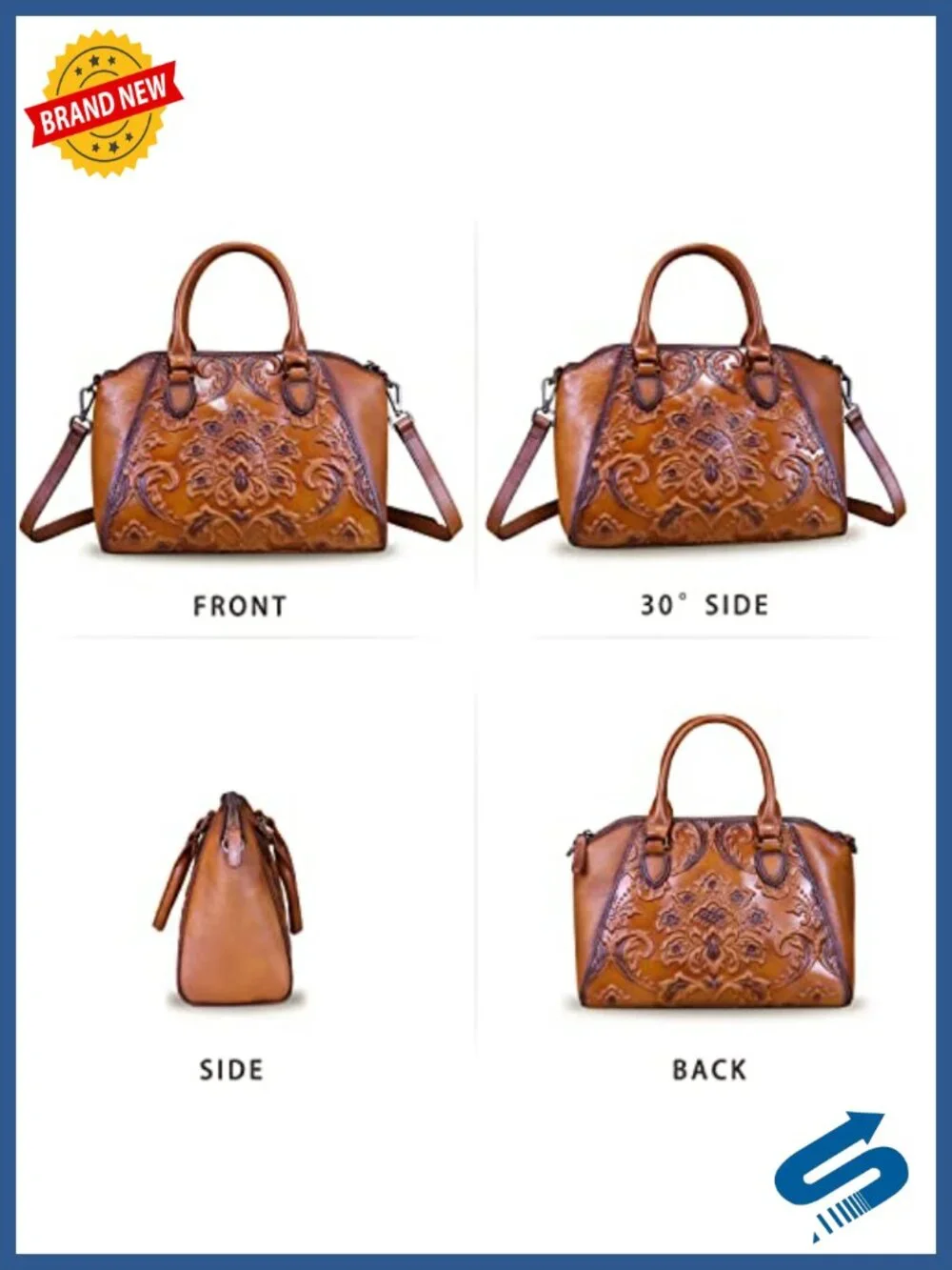 Genuine Leather Embossed Hobo Satchel Crossbody Bag with Adjustable Strap
